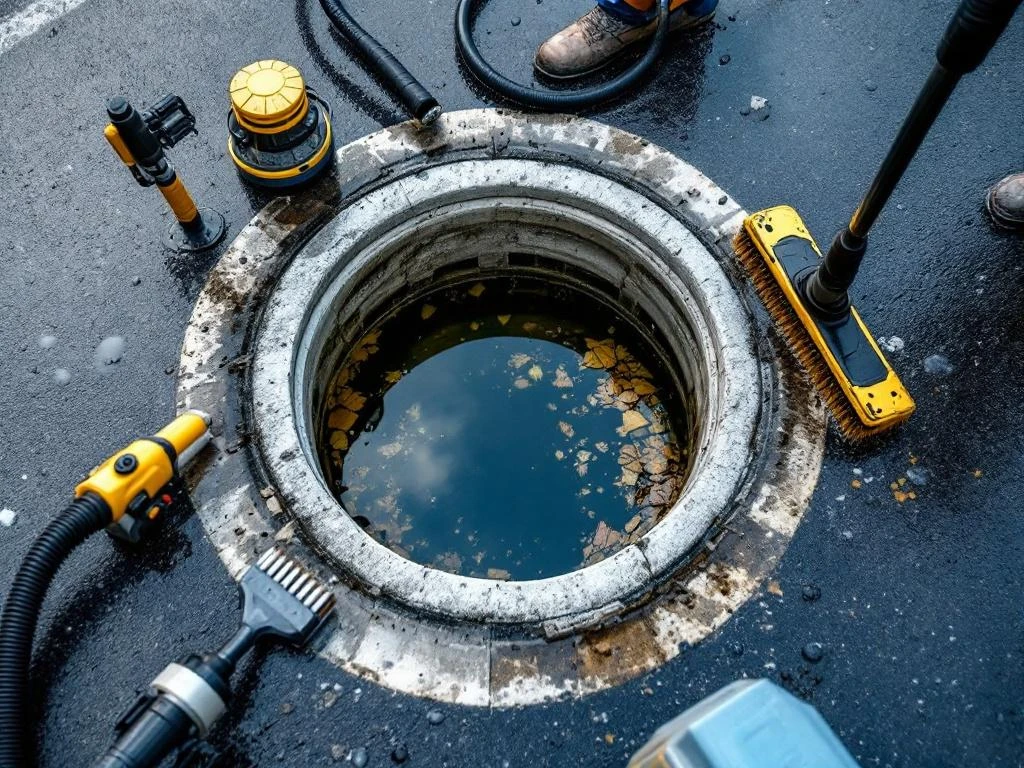 Stormwater drains are maintained with pressure washers and special brushes, equipment arranged around concrete manhole on wet asphalt