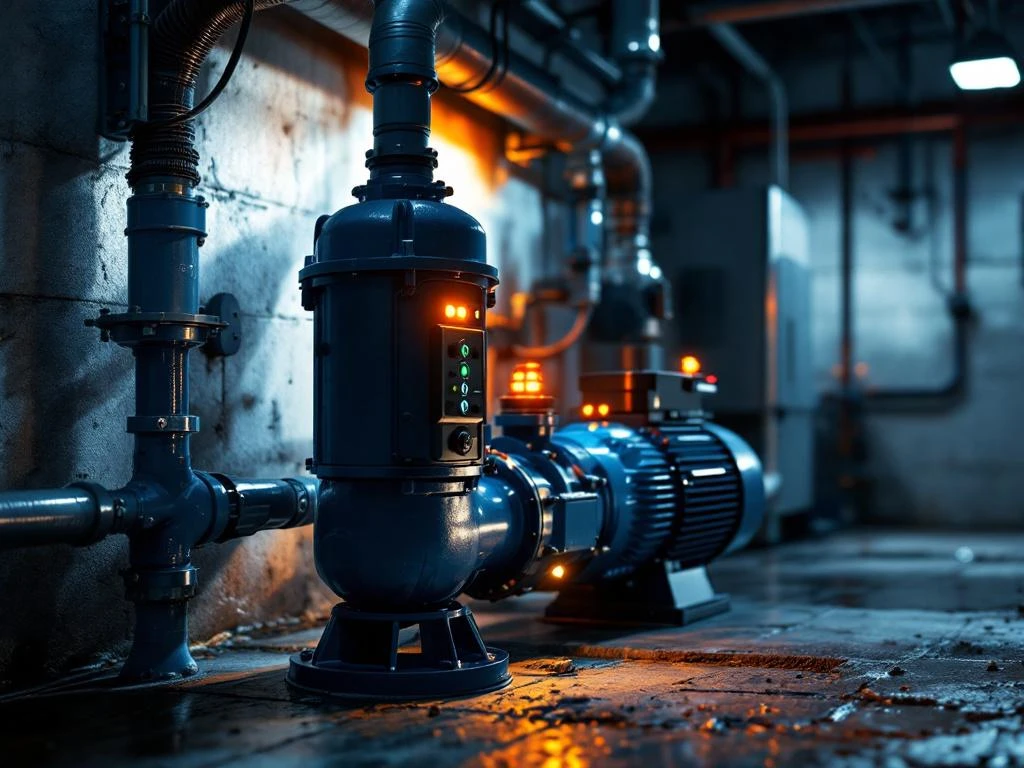 Sump pump med varningslampor i källare, inaktiv pump med synlig kontrollpanel och elektriska komponenter
