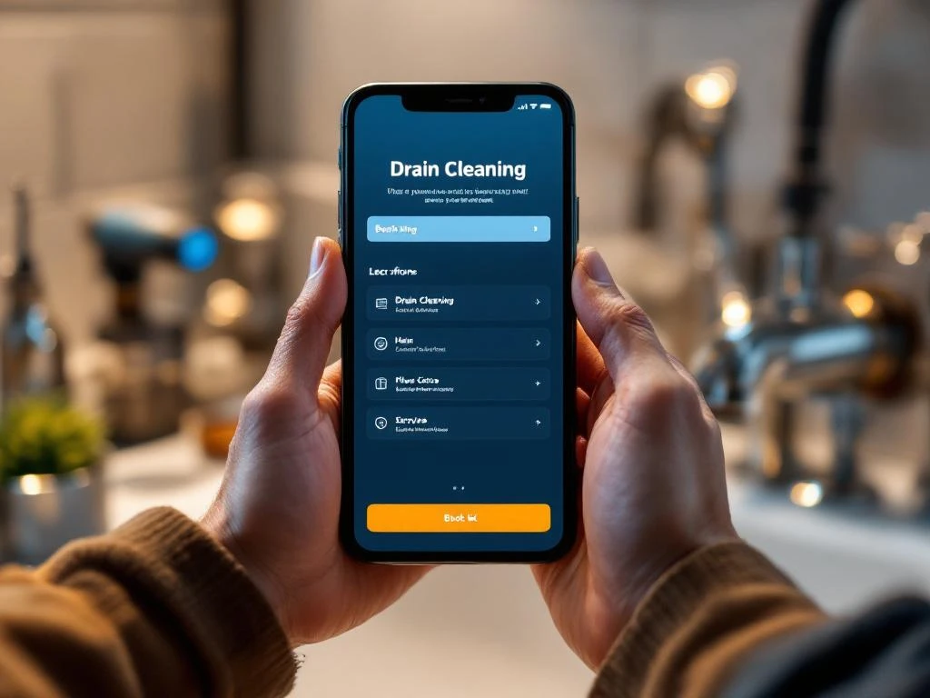 Händer håller smartphone med bokningsgränssnitt för avloppsrensning, professionella VVS-verktyg i bakgrunden