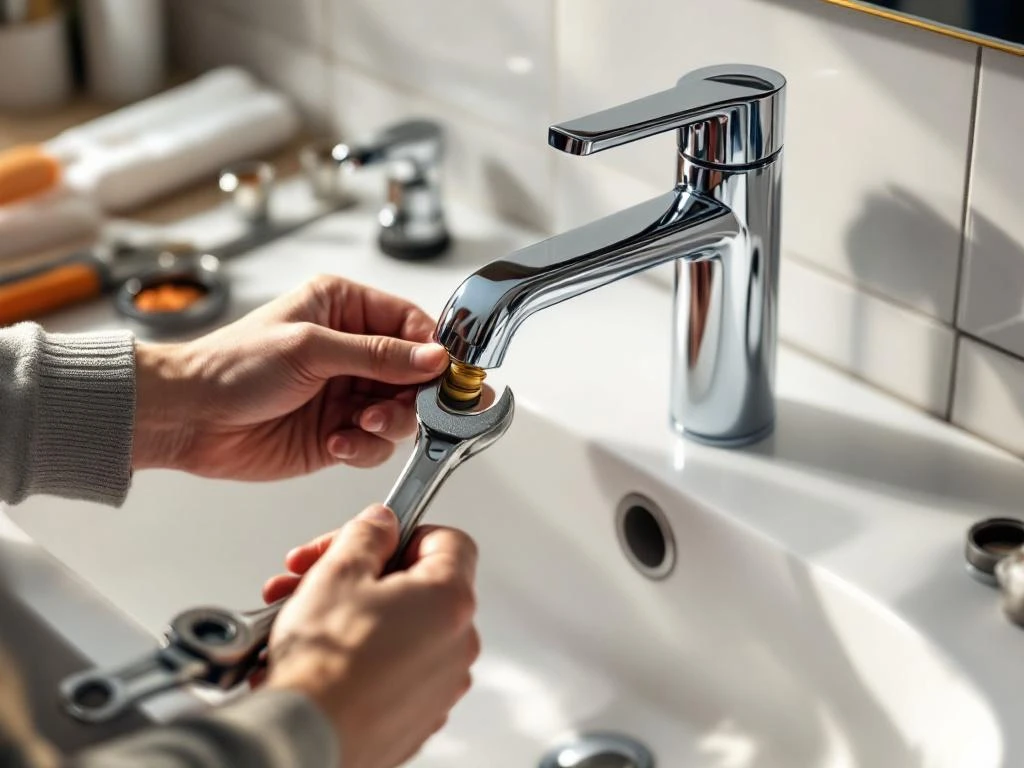 Hands install modern chrome kitchen faucet on white porcelain sink with professional plumbing tools and adjustable wrench