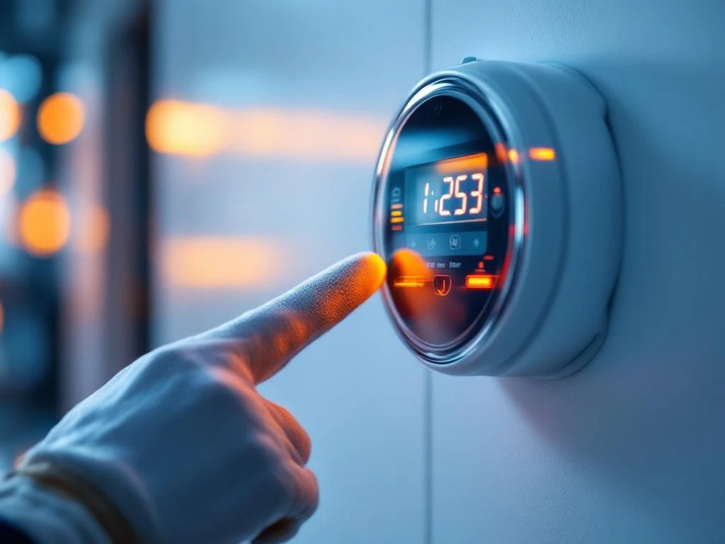 Digital electricity meter on white wall with LED display, hand in work glove points to reading