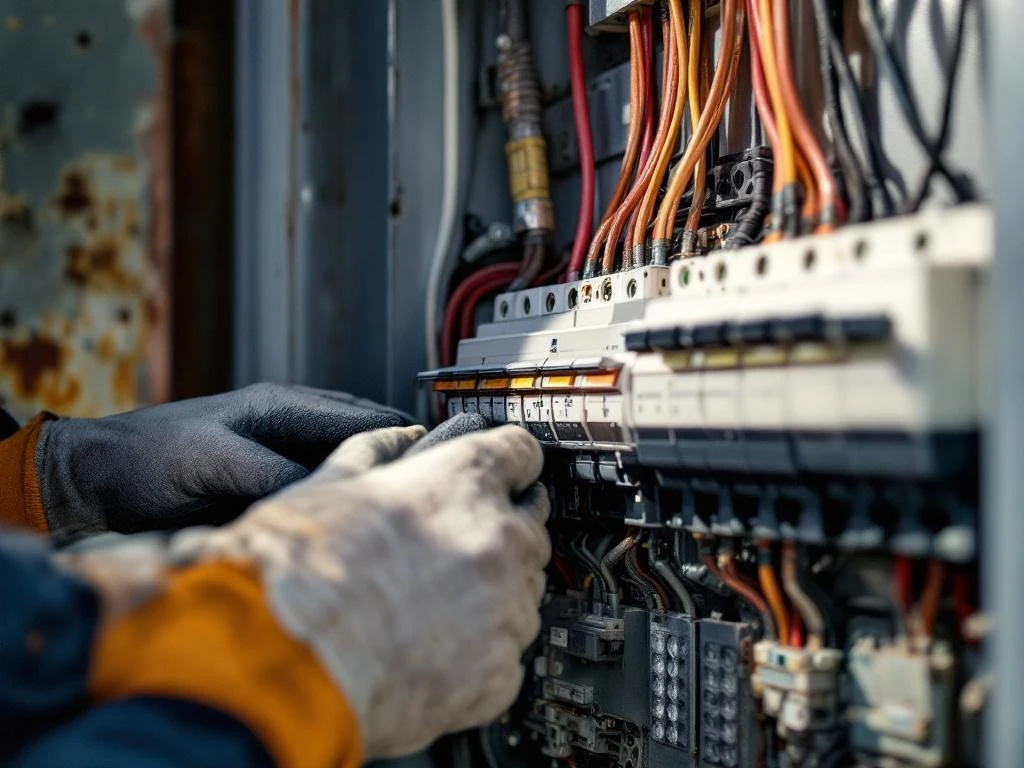 Elektriker uppgraderar gammal elcentral med nya säkringsautomater, koppar ledningar och moderna komponenter