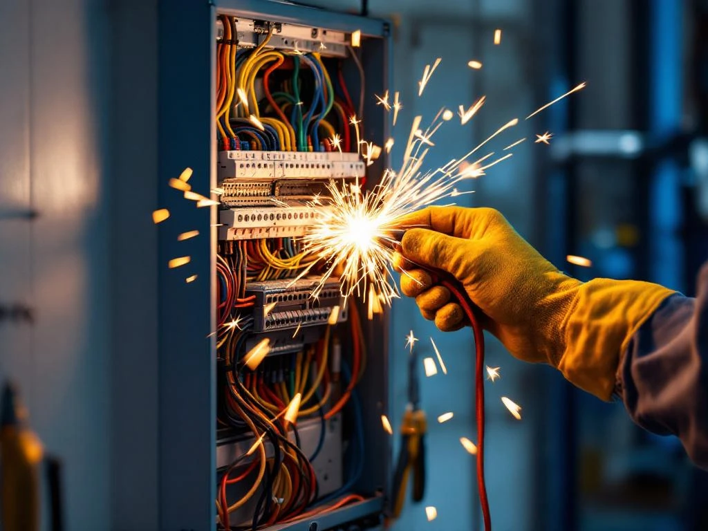 Elektriker i säkerhetshandskar arbetar med elcentral i modernt svenskt hem, verktyg och färgglada kablar synliga