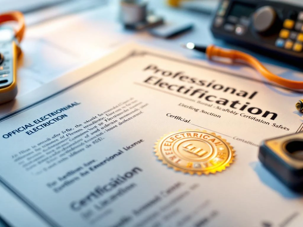 Official Swedish electrical safety certificates and electrician credentials with white surface tools, professional lighting