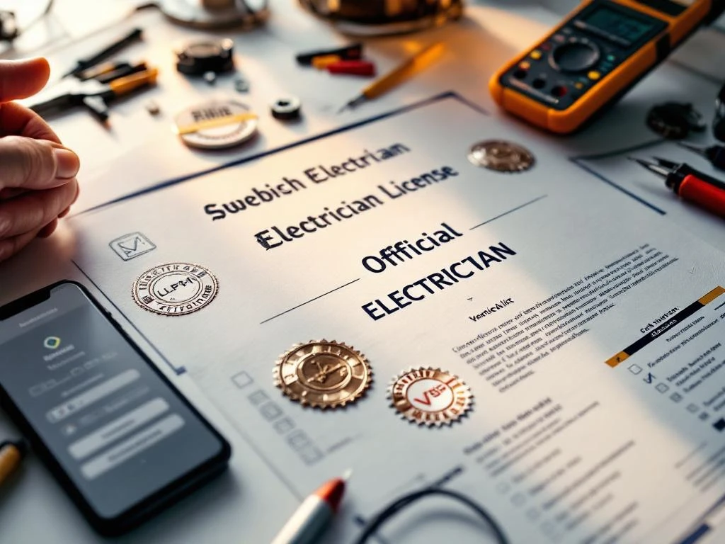 Svensk elektriker-certifikat med officiella sigill omgivet av digitalmultimeter, säkerhetsmärke och verifieringsapp på vitt skrivbord