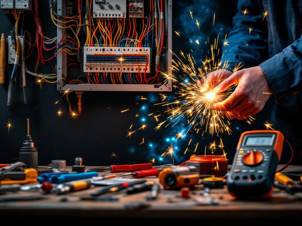 Elektriker arbetar med elcentral, färgglada kablar och verktyg på arbetsbänk med elektriska gnistor
