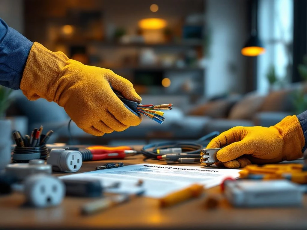 Elektriker i arbetshandskar håller verktyg och kablar med eluttag och strömbrytare på träbord i modern lägenhet