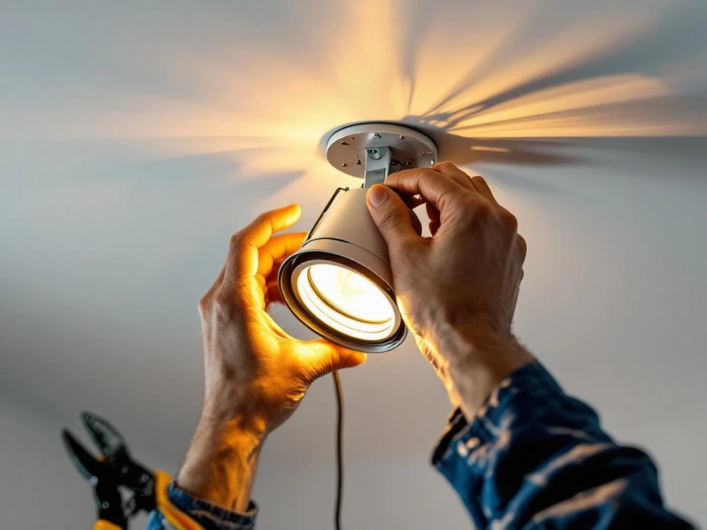 Electrician installs LED spotlight in white ceiling with tools and cables visible, warm light illuminates work area