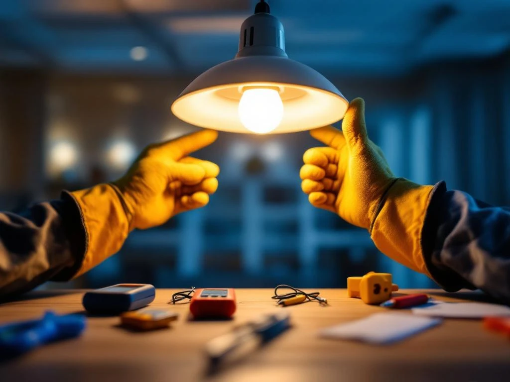 Händer med skyddshandskar installerar taklampa med elektriska verktyg och spänningstestare synliga på träyta
