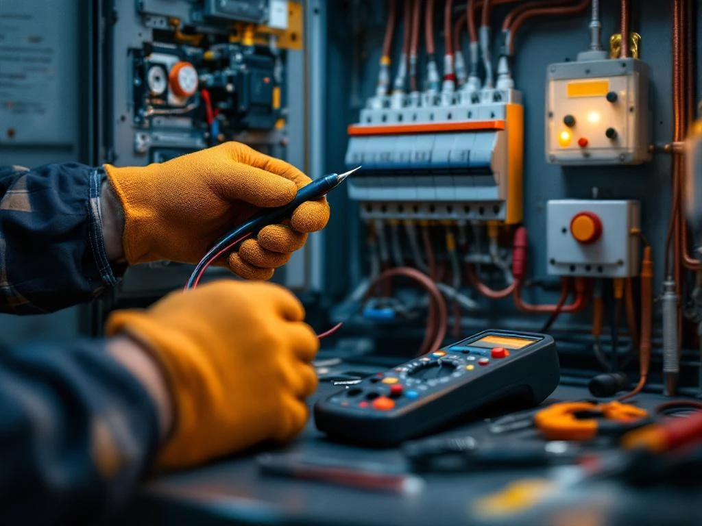 Elektriker med säkerhetshandskar undersöker elkomponenter i öppen säkringsskåp med verktyg på arbetsytan