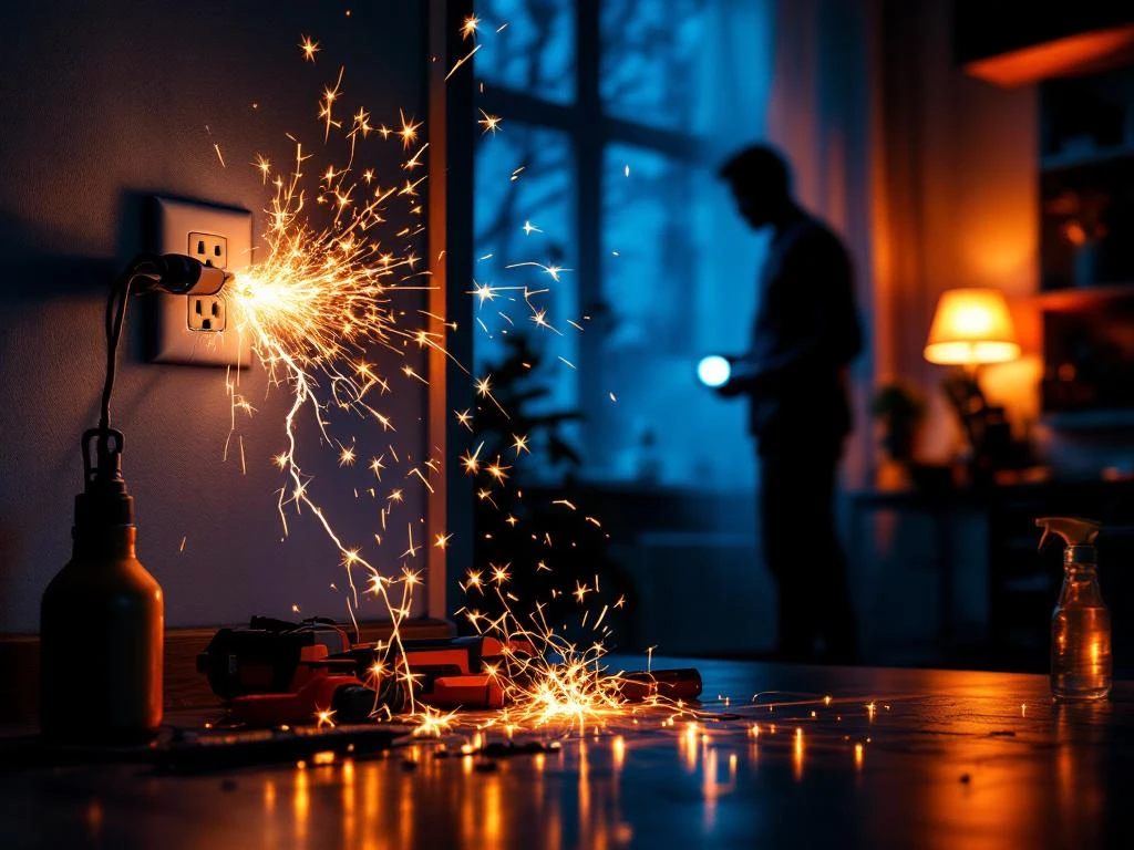 Elektrisk störning i svenskt hem med gnistor från eluttag, flimrande ljus och husägare med ficklampa under kvällstid