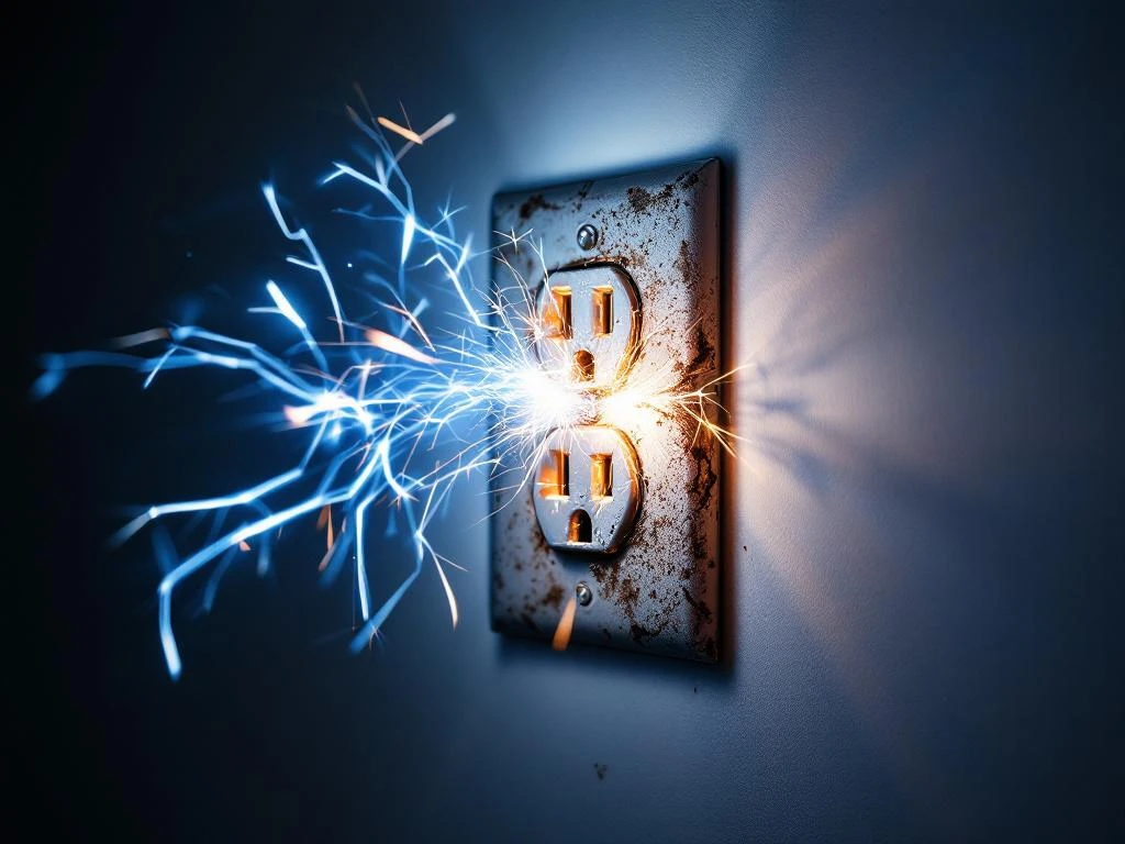 Eluttag med blå-vita gnistor och elektriska ljusbågar, skadad med brännmärken - elektrisk fara och säkerhetsrisk