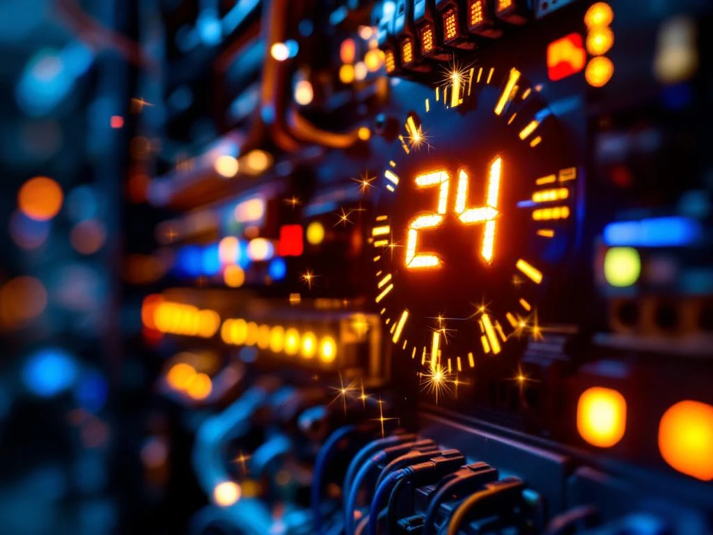 Elektrisk panel med lysande brytare och LED-indikatorer, klocka visar "24", blå och gul belysning för dygnetrunt service