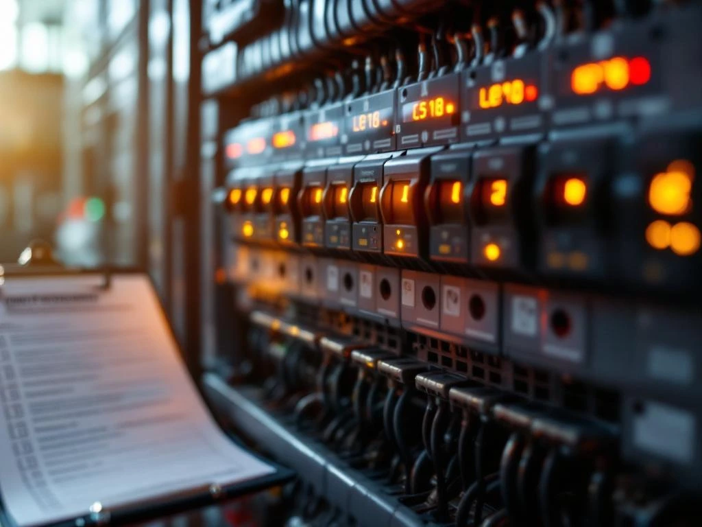 Elektriker använder multimeter för att mäta spänning på säkringar under elinstallationskontroll med checklista