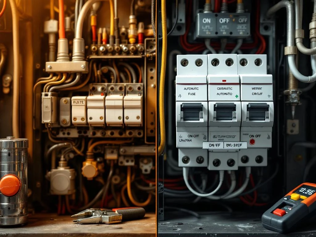 Electrical panel with old ceramic fuses on the left and modern automatic fuses on the right, electrical tools next to it