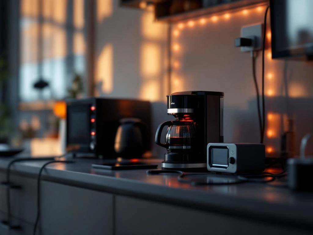 Elektriska apparater på köksbänk och vardagsrumsbord, vissa med röda standby-lampor, andra avstängda