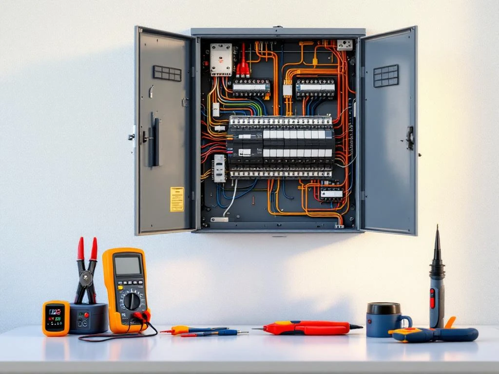 Open electrical panel on white wall with organized fuses and color-coded cables, professional power tools next to it