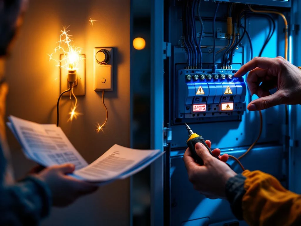 Hyresgäst med elräkningar vid gnistande strömbrytare och elektriker som undersöker säkringsskåp med varningssymboler
