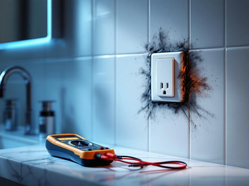 Skadad eluttag med brännskador på vit kakelvägg i badrum, multimeter visar noll volt på marmorbänkskiva