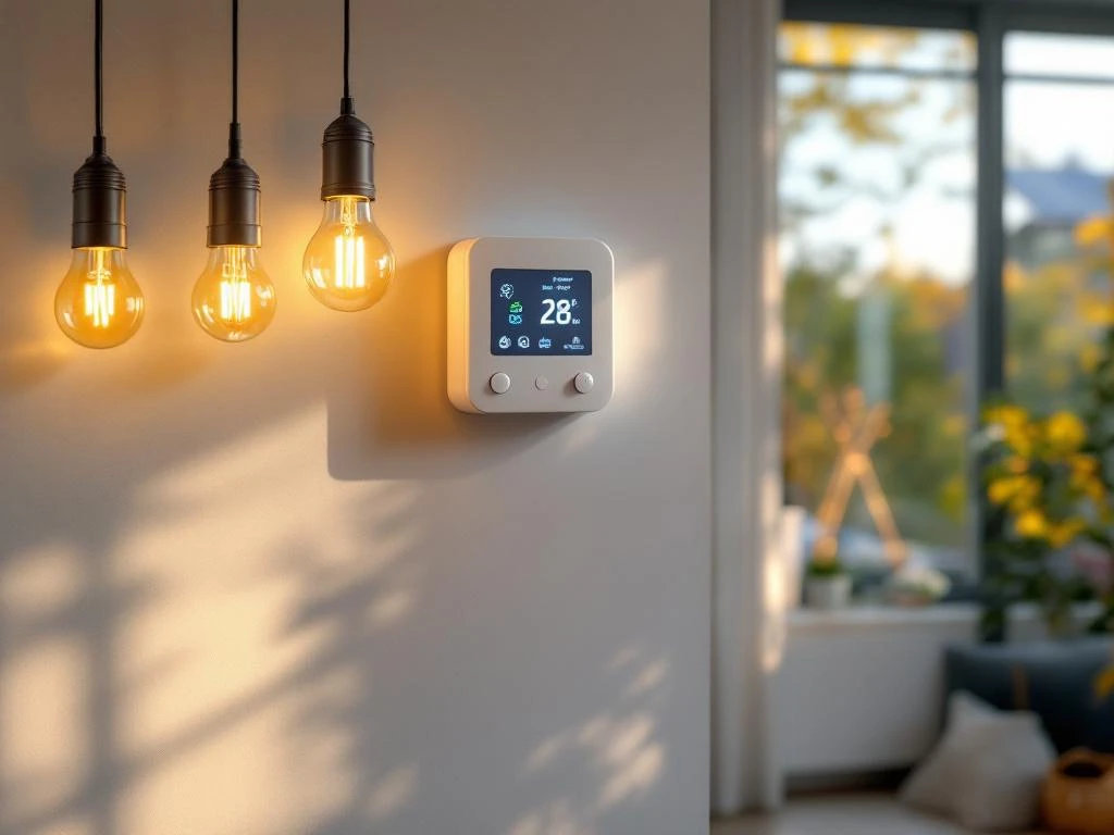 Smart termometer på vit vägg i modernt svenskt hem med LED-lampor, energieffektiva apparater och solpaneler synliga genom fönster