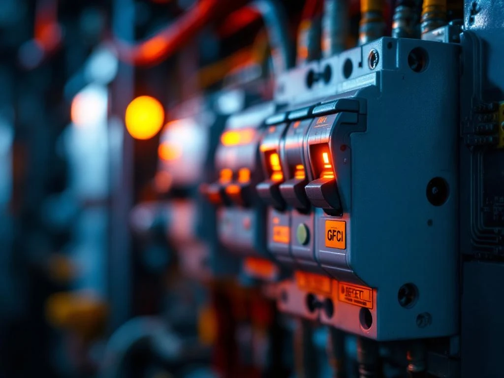 GFCI-brytare i elektrisk panel med test- och återställningsknappar, metalliska texturer och säkerhetsmärkningar synliga