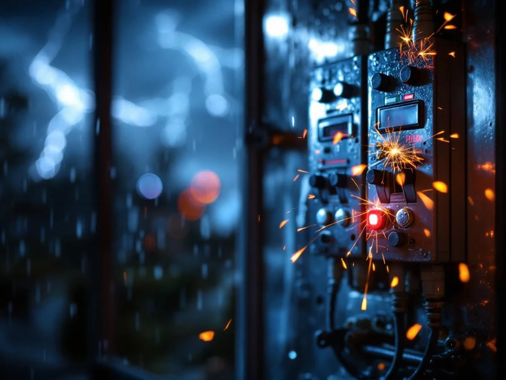 Control center with red tripped RCD during thunderstorm, lightning visible through window with raindrops