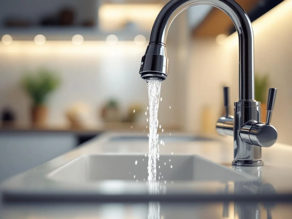 Modern kitchen faucet with water drops dripping from spout to white porcelain sink in elegant kitchen