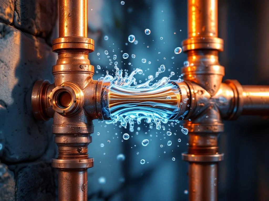 Copper pipes in the wall with vibrating tubes creating motion blur, water drops in the air and dramatic lighting