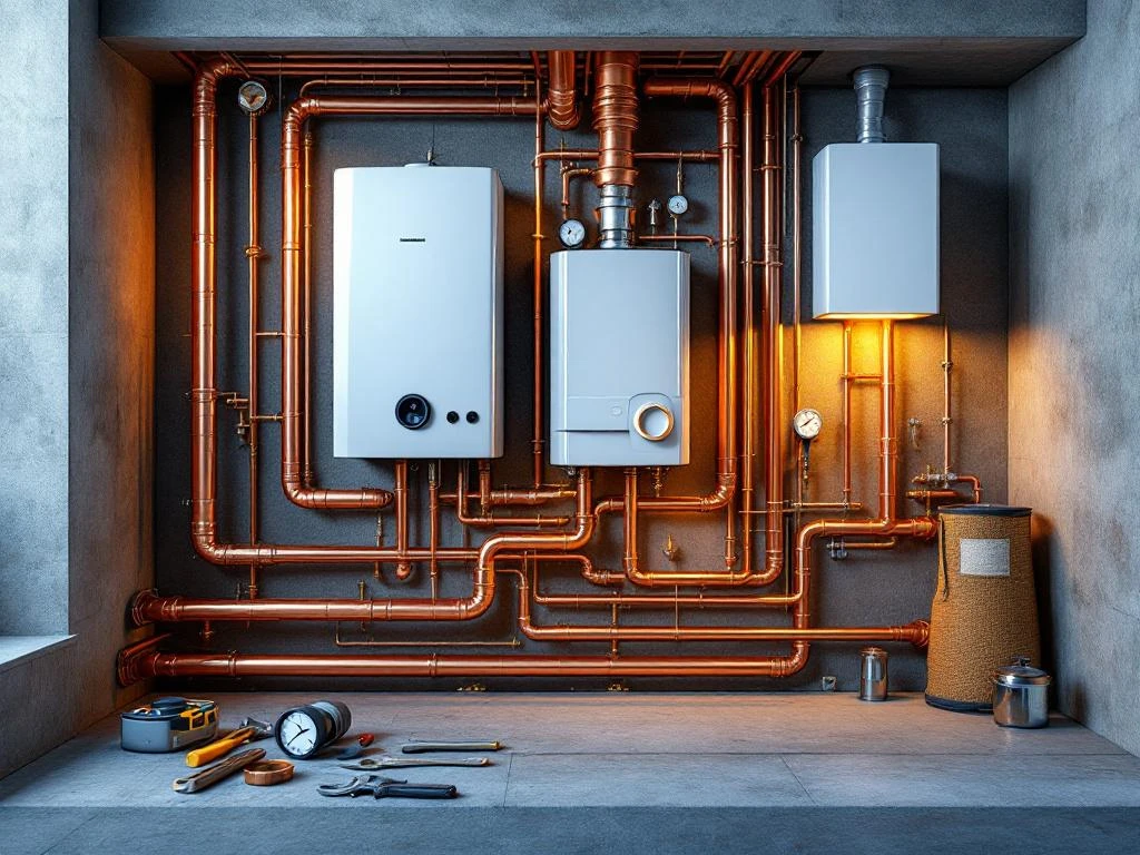 Tvärsnitt av modern villas VVS-system med koppiarrör, radiatorer och varmvattenberedare i källare med verktyg