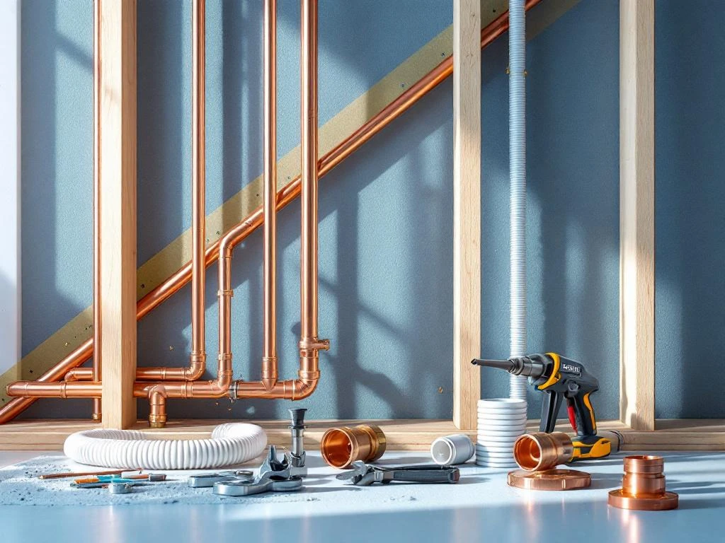 Kopparrör och PEX-rör installeras i väggstomme med professionella VVS-verktyg på arbetsbord