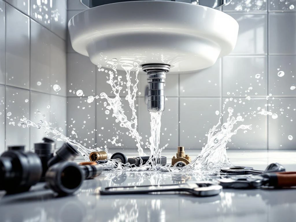 Water leak from cracked pipe under sink in modern bathroom with utilities in foreground