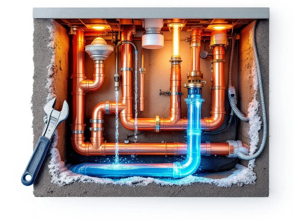 Cross-section of pipelines under bathrooms with copper and PVC pipes, pipe laying tools and lighting showing water flow