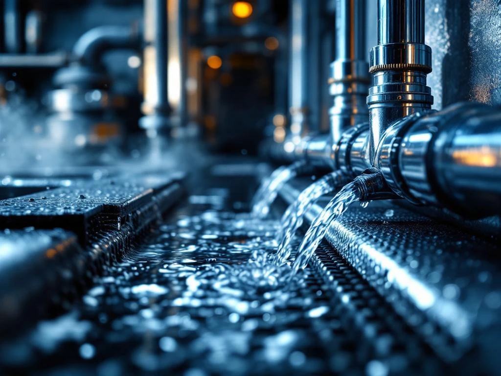 Modern drainage pipes with water flowing through chrome plated fittings, professional plumbing tools in the background