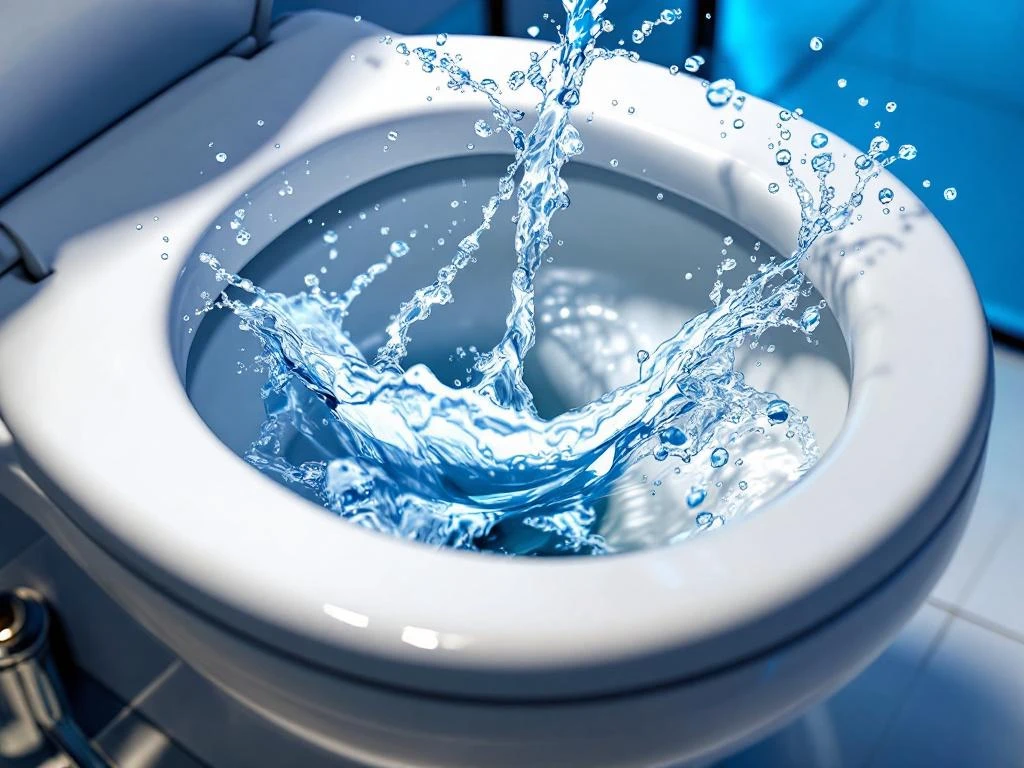 Modern toilet with flushing water and chrome plumbing tools on white tile floor showing professional plumbing service