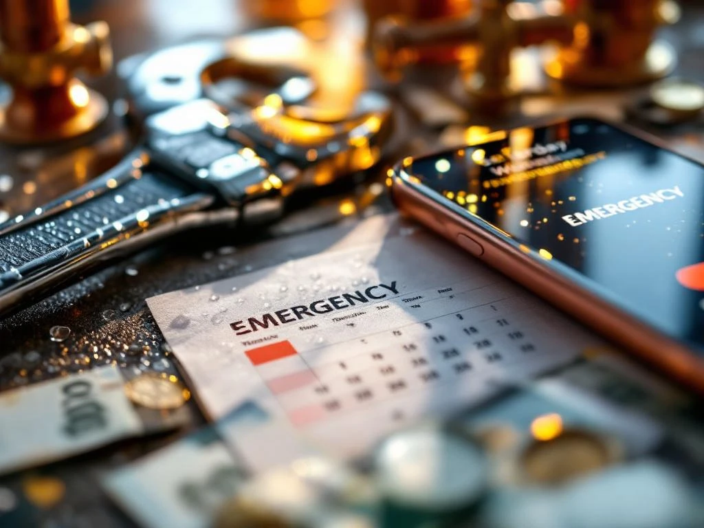 Kromrörtång på weekendkalender med rödmarkerade lördag och söndag, smartphone med "EMERGENCY" och svenska sedlar