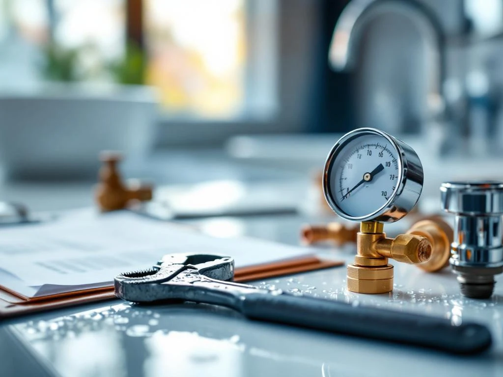 Professional plumbing tools with chrome pipe wrench, copper fittings and pressure gauge on white surface with bathroom fittings in background