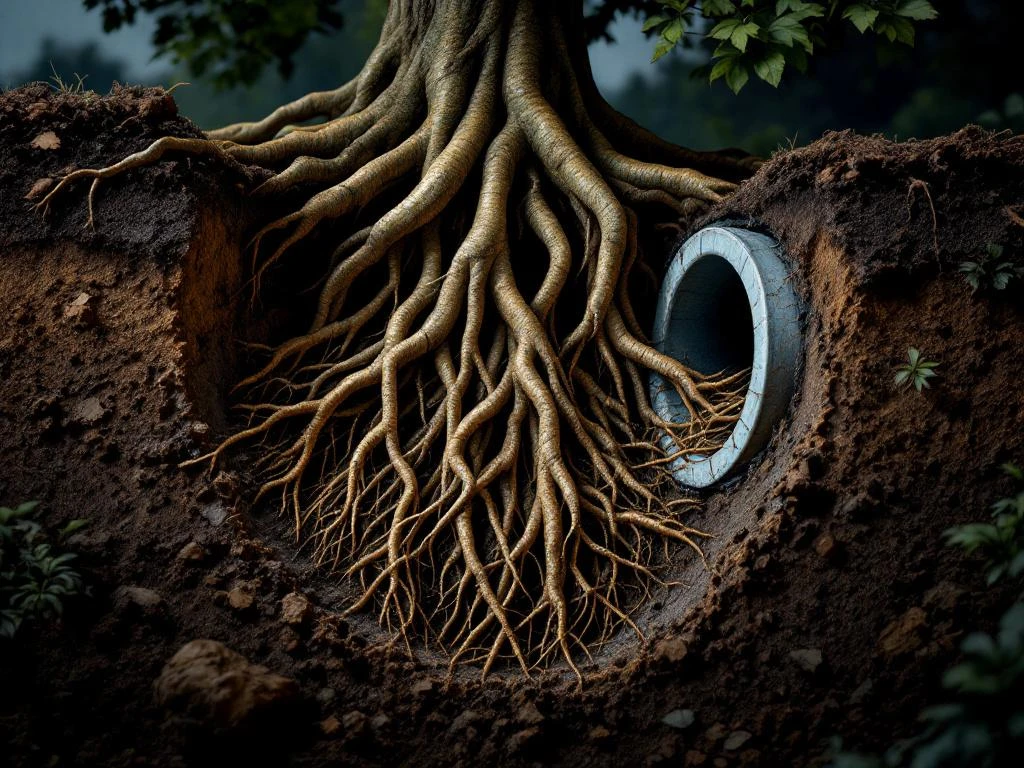 Cross section of damaged underground sewer pipe with thick tree roots penetrating and blocking the pipe system