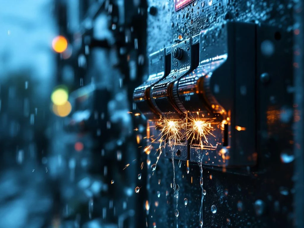 Elektrisk säkringsbox med vattendroppar och gnistor från utlöst huvudbrytare under kraftigt regn