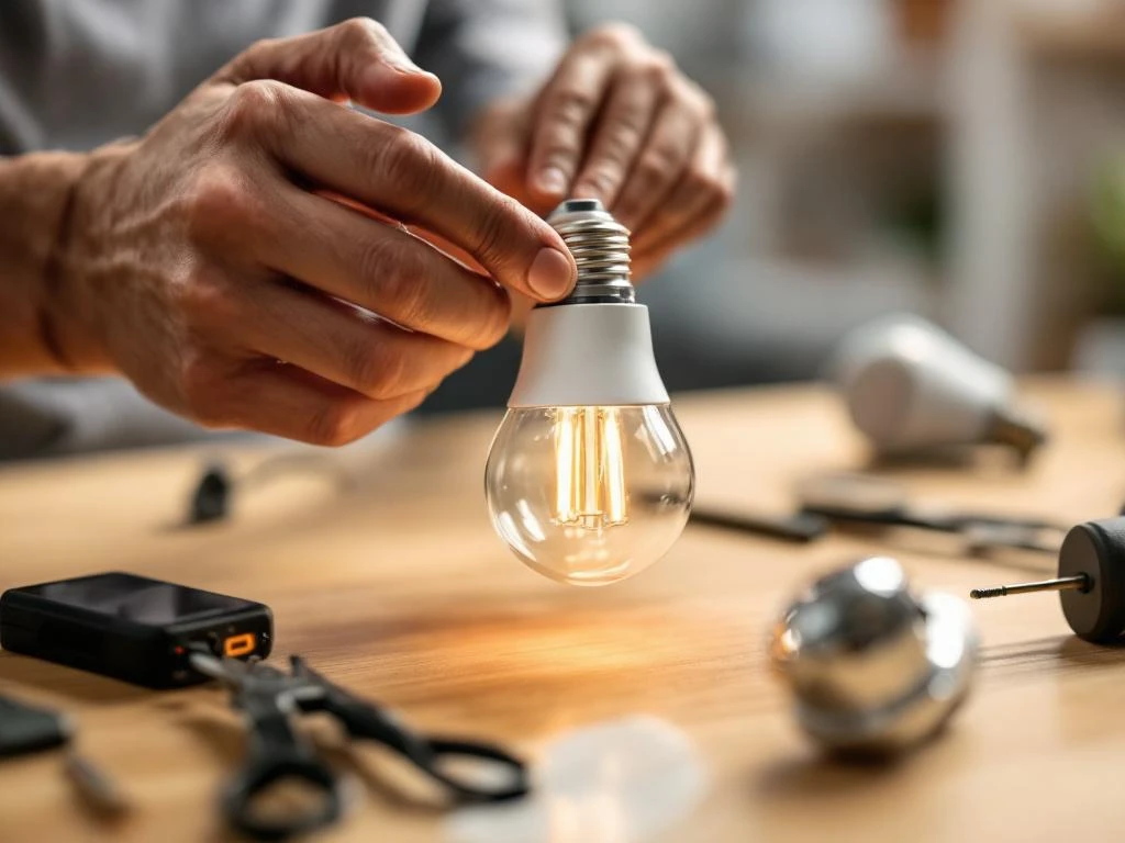 Händer installerar smart LED-lampa i takarmatur med verktyg på träyta, närbildsvy av DIY-elinstallation