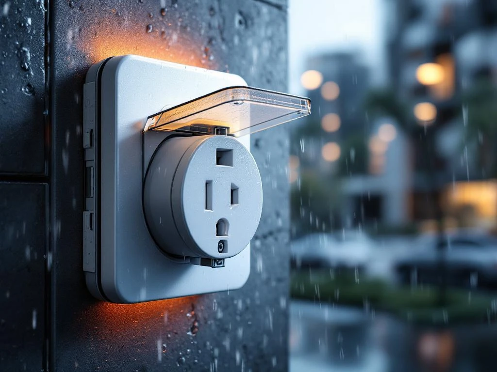 Weatherproof electrical outlet with IP rated seal mounted on modern building, raindrops on protective cover
