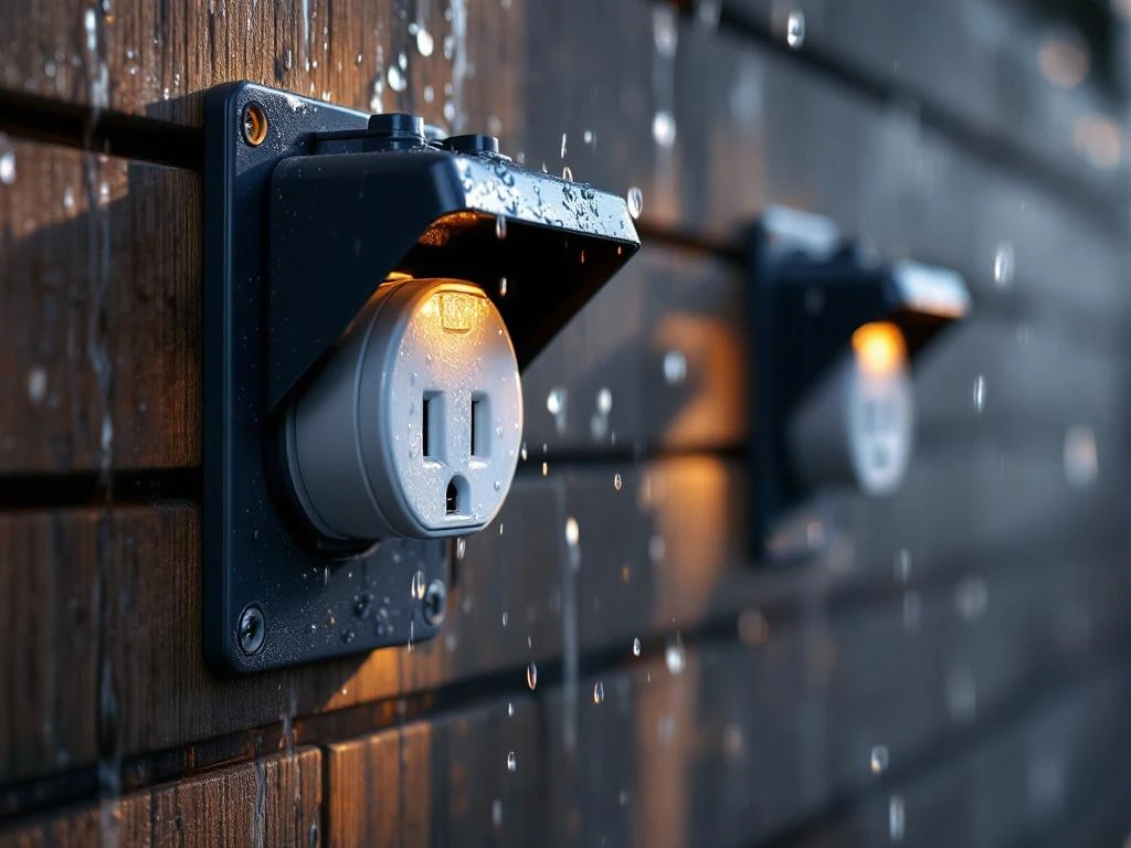 Weatherproof electrical outlets with protective covers on house facade, raindrops show effective weather resistance