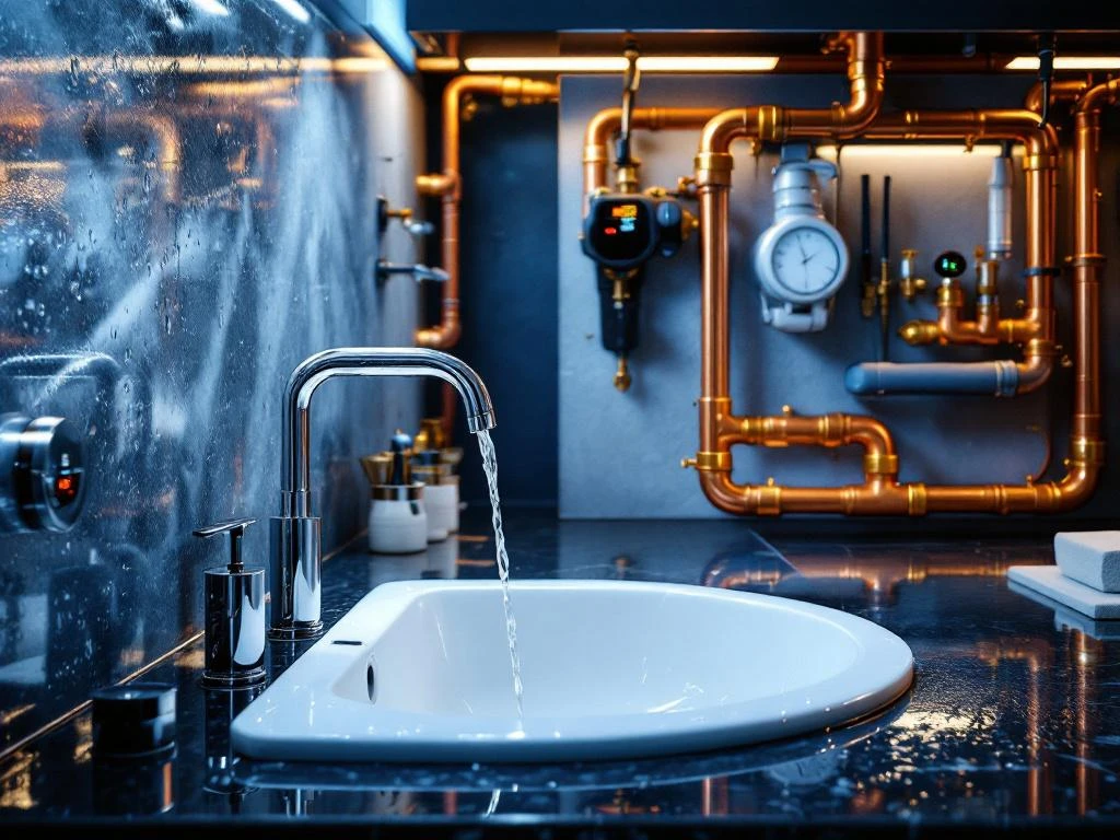 Modern bathroom and kitchen with plumbing maintenance, faucets, pipes with insulation and pressure gauges on granite countertop