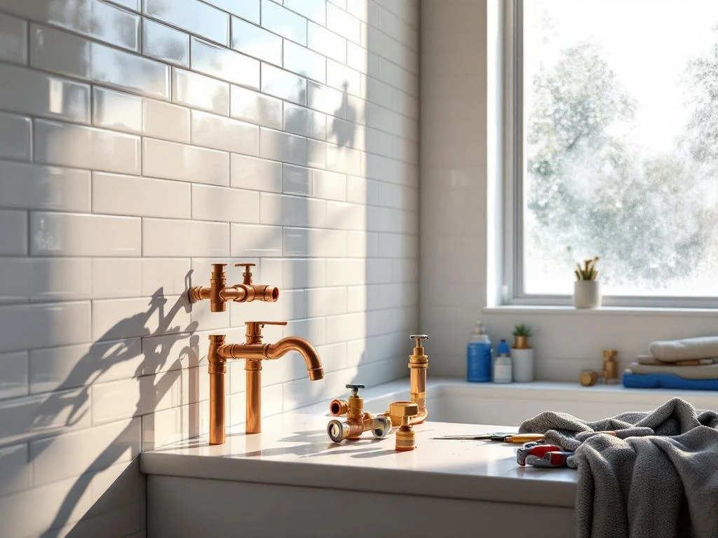 Badrumsrenovering pågår med vita kakelplattor på vägg och professionella VVS-verktyg på arbetsbänk i naturligt ljus