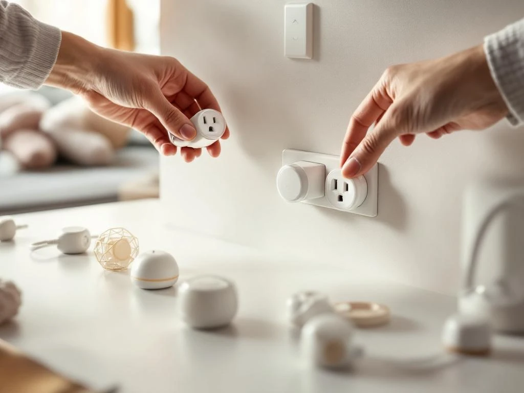 Förälder installerar barnsäkra eluttag i modernt skandinaviskt vardagsrum med säkerhetsanordningar på bord