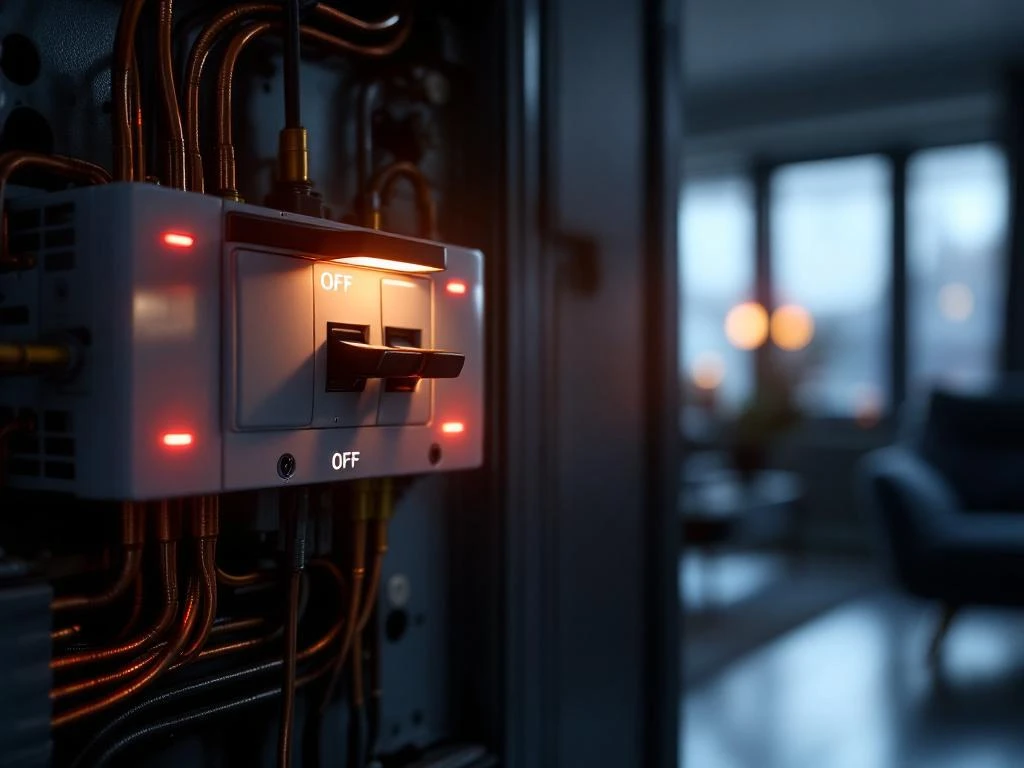 Electrical panel with main switch in OFF position illuminated by flashlight during power outage in Swedish home