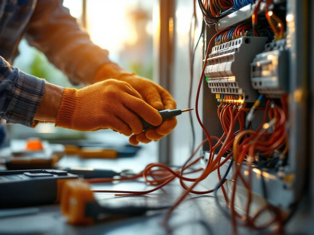 Electrician wearing work gloves connects cables in electrical panel using professional tools in Swedish home