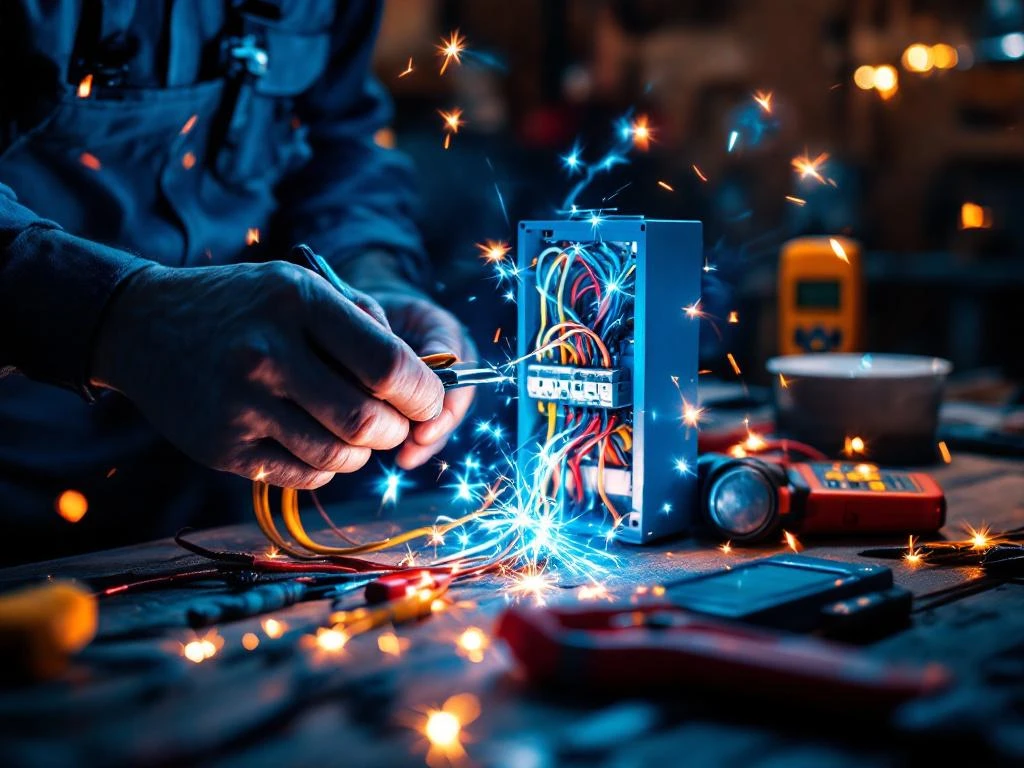Electricians working with electrical panels, blue sparks and colorful cables visible, tools on wooden bench