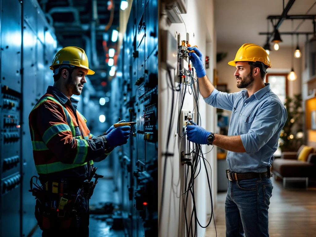 Industrielektriker och bostadselektriker arbetar sida vid sida med elinstallationer i industriell respektive hemmiljö