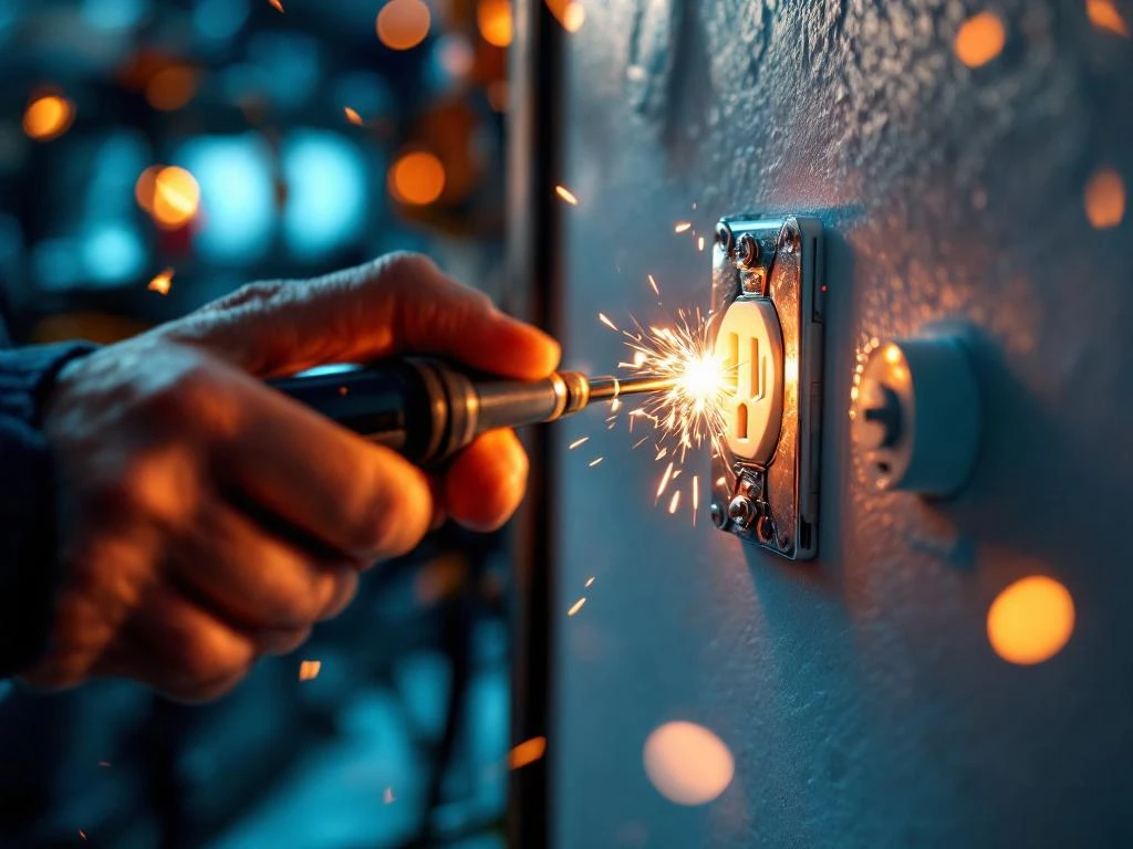 Electricians install electrical outlets with screwdrivers, copper wires, and tools visible in the background.