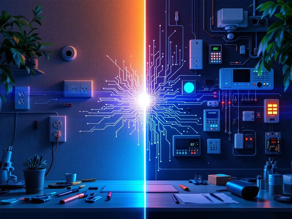 Elektriker utför grundläggande elarbete och avancerad säkerhetsteknik i professionell verkstad med verktyg och komponenter